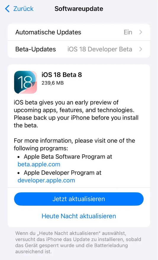 辛集苹果手机维修分享苹果 iOS / iPadOS 18 开发者预览版 Beta 8 发布 